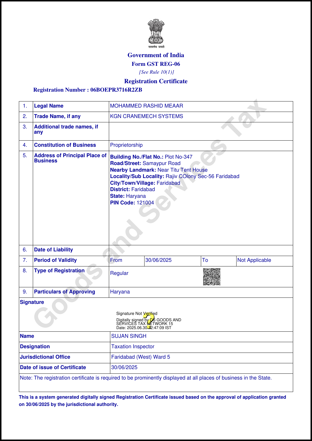 GST Registration Certificate - Page 1